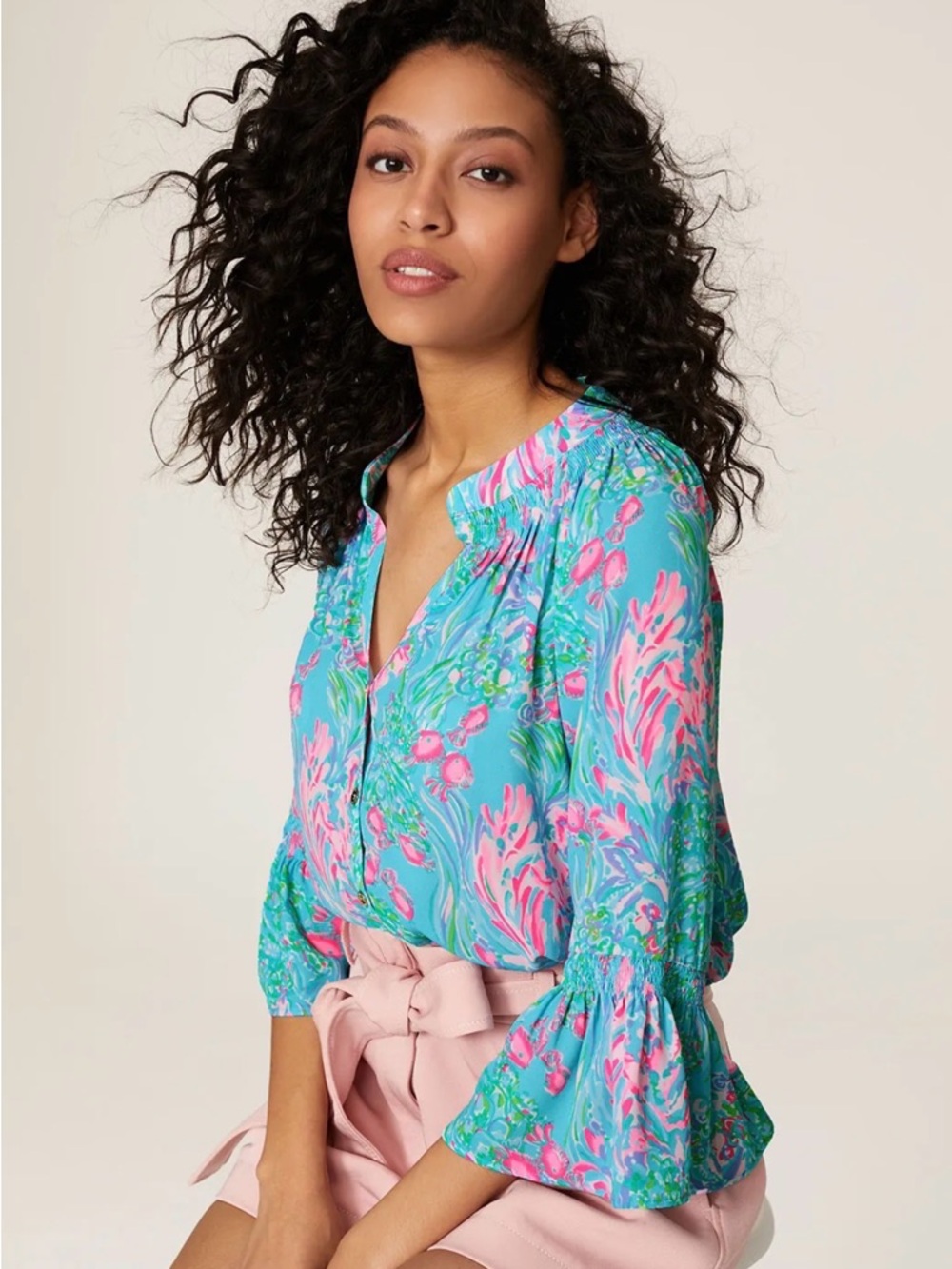 Lilly Pulitzer Teal, Pink & Green Floral Smocked Blouse